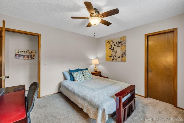 9601 Spring Lake Dr, Broken Arrow, OK 74014 - bedroom with light carpet, a textured ceiling, and a ceiling fan
