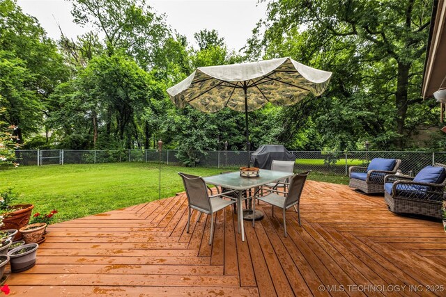 9601 Spring Lake Dr, Broken Arrow, OK 74014 - wooden deck with a fenced backyard, outdoor dining space, view of wooded area, and grilling area