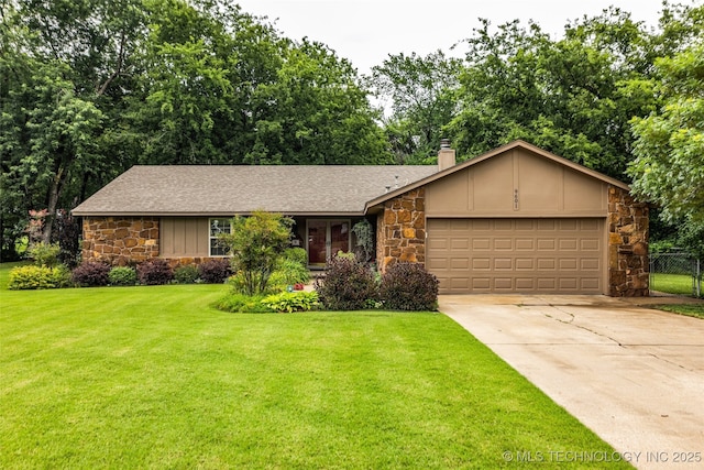 9601 Spring Lake Dr, Broken Arrow, OK 74014 - view of front facade with stone siding, a garage, concrete driveway, and board and batten siding