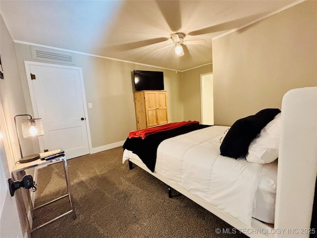 401 High St, Eufaula, OK 74432 - bedroom featuring carpet floors, a ceiling fan, and ornamental molding