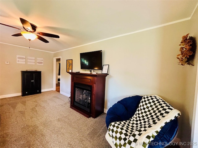 401 High St, Eufaula, OK 74432 - living area with carpet floors, ornamental molding, ceiling fan, and a fireplace
