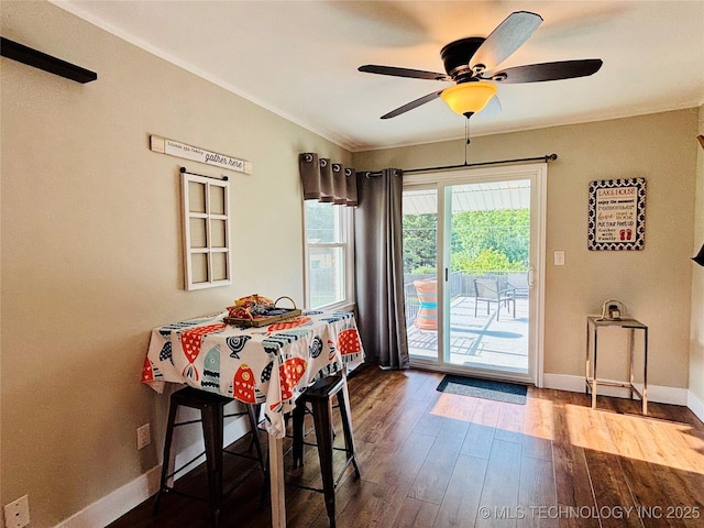 401 High St, Eufaula, OK 74432 - dining area featuring ceiling fan, wood finished floors, and ornamental molding