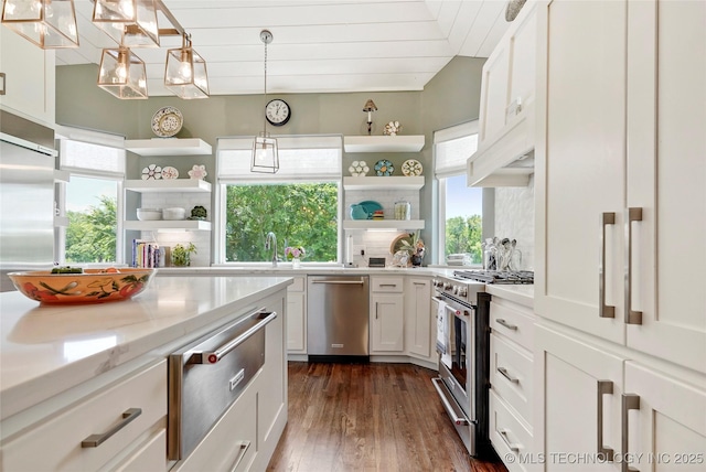 8701 E Hartford St, Broken Arrow, OK 74014 - kitchen with open shelves, stainless steel appliances, healthy amount of natural light, tasteful backsplash, and lofted ceiling