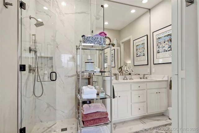 8701 E Hartford St, Broken Arrow, OK 74014 - full bath with a marble finish shower, marble look tiles, double vanity, and recessed lighting