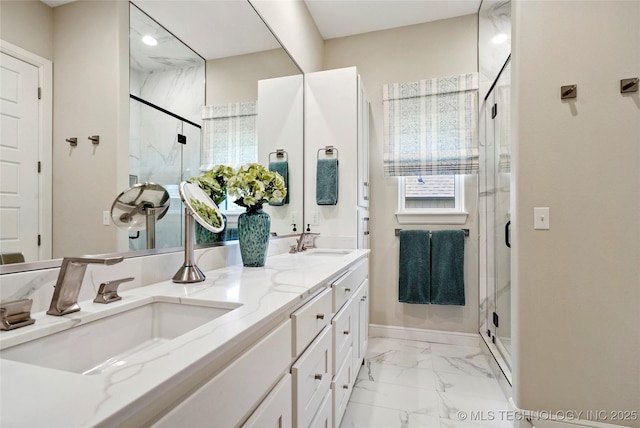 8701 E Hartford St, Broken Arrow, OK 74014 - bathroom featuring marble finish floors, a marble finish shower, and double vanity