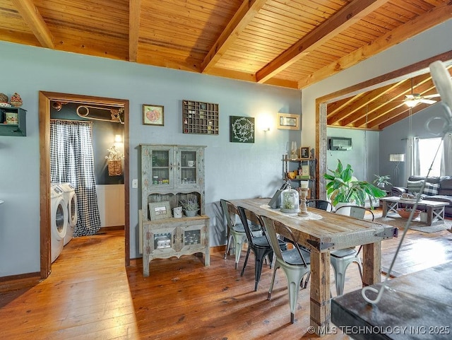 10696 N County Road 3410, Stratford, OK 74872 - dining space with washing machine and dryer, wooden ceiling, hardwood / wood-style flooring, and ceiling fan