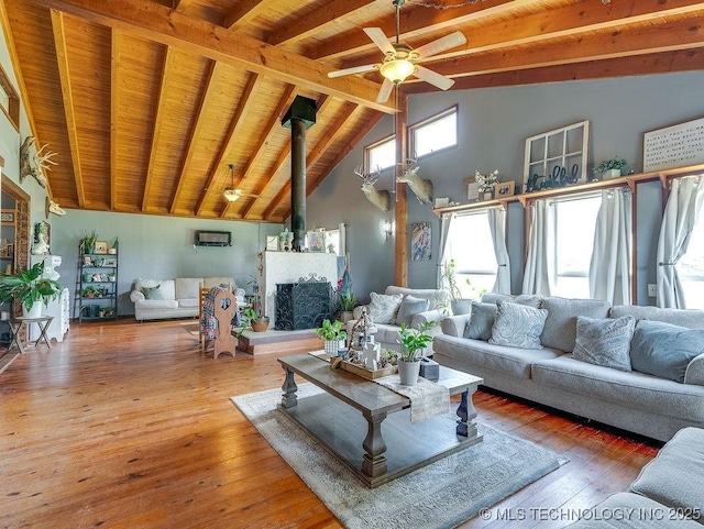 10696 N County Road 3410, Stratford, OK 74872 - living area featuring wood ceiling, hardwood / wood-style floors, and ceiling fan