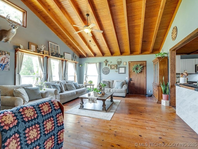 10696 N County Road 3410, Stratford, OK 74872 - living area with a wooden ceiling with exposed beams, light wood-type flooring, ceiling fan, and high vaulted ceiling