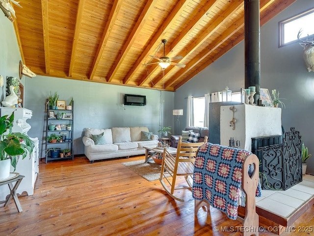 10696 N County Road 3410, Stratford, OK 74872 - living room with a wooden ceiling with exposed beams, plenty of natural light, wood-type flooring, a wood stove, and high vaulted ceiling