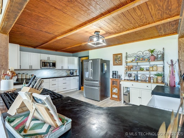 10696 N County Road 3410, Stratford, OK 74872 - kitchen with wood ceiling, stainless steel appliances, white cabinetry, dark countertops, and light wood-style floors