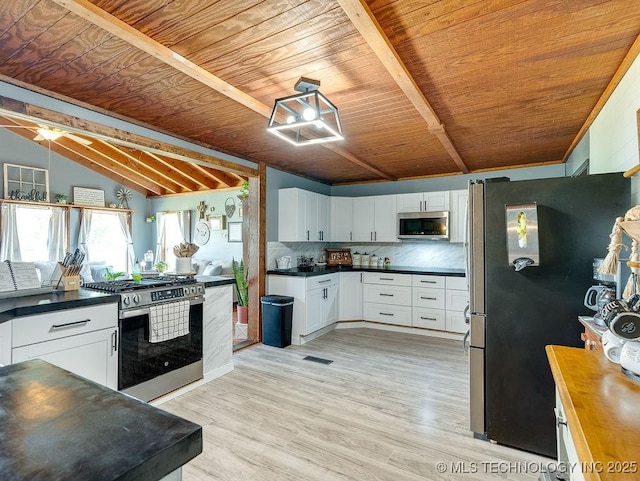 10696 N County Road 3410, Stratford, OK 74872 - kitchen with stainless steel appliances, wooden ceiling, tasteful backsplash, white cabinetry, and light wood-style floors