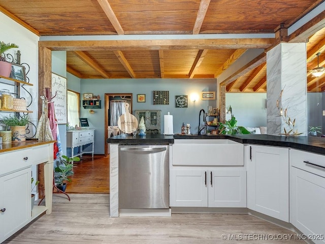 10696 N County Road 3410, Stratford, OK 74872 - kitchen featuring stainless steel dishwasher, a wooden ceiling with exposed beams, white cabinets, light wood-style floors, and dark countertops