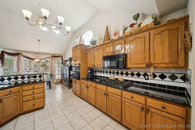 13605 E 90th Ct, Owasso, OK 74055 - kitchen featuring black appliances, a chandelier, dark countertops, brown cabinetry, and high vaulted ceiling