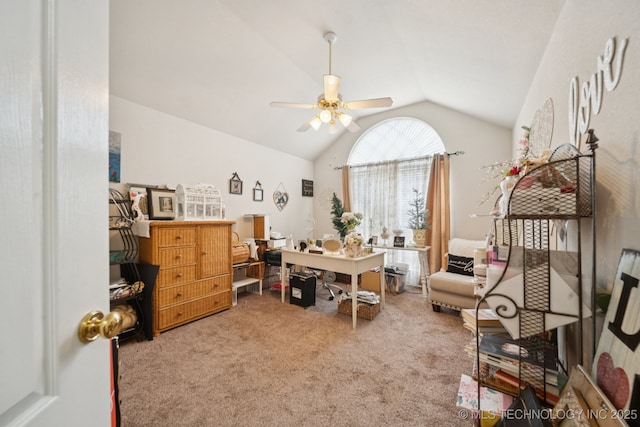13605 E 90th Ct, Owasso, OK 74055 - office area featuring vaulted ceiling, carpet flooring, and a ceiling fan