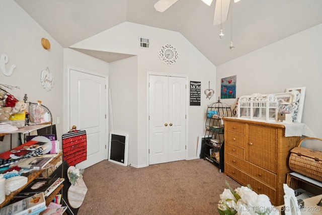 13605 E 90th Ct, Owasso, OK 74055 - carpeted bedroom with lofted ceiling, a closet, and a ceiling fan