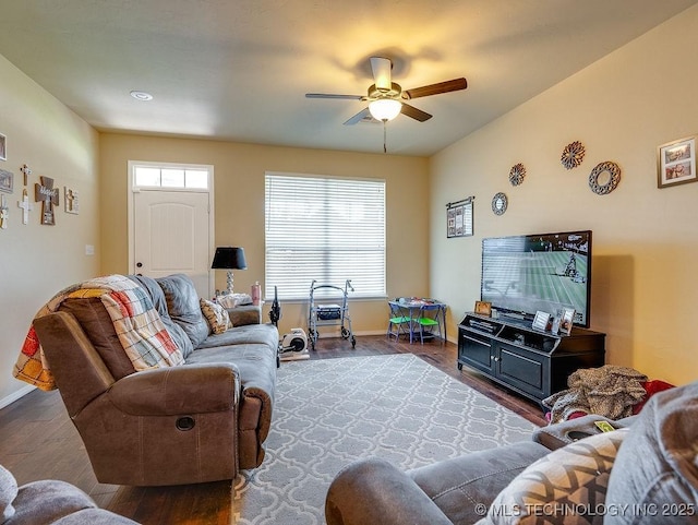 1125 Emily Ln, Ada, OK 74820 - living room featuring wood finished floors and ceiling fan
