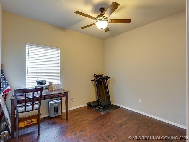 1125 Emily Ln, Ada, OK 74820 - office featuring dark wood-style floors, a ceiling fan, and a wood stove