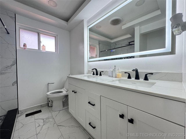 9763 E 3rd St, Tulsa, OK 74128 - bathroom featuring double vanity, marble finish flooring, and tiled shower