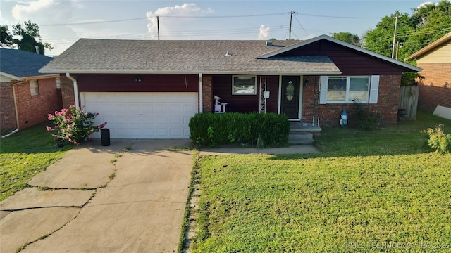 9763 E 3rd St, Tulsa, OK 74128 - single story home featuring an attached garage, driveway, a front yard, brick siding, and a shingled roof