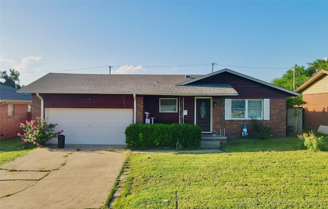 9763 E 3rd St, Tulsa, OK 74128 - ranch-style home with a garage, concrete driveway, a front lawn, and brick siding