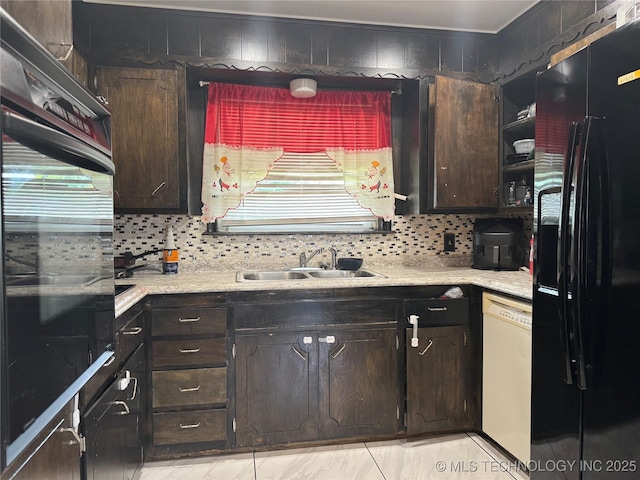 9763 E 3rd St, Tulsa, OK 74128 - kitchen featuring black fridge, white dishwasher, dark brown cabinets, and light countertops