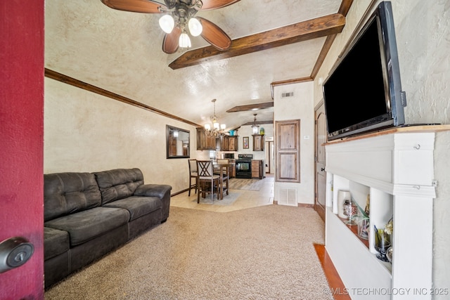 236 W 9th Ave, Bristow, OK 74010 - living room featuring a ceiling fan, a chandelier, light carpet, crown molding, and a textured wall