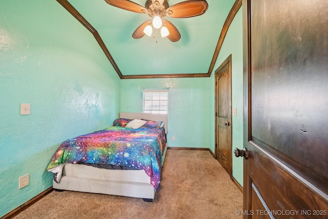 236 W 9th Ave, Bristow, OK 74010 - carpeted bedroom with vaulted ceiling, crown molding, a textured wall, and ceiling fan