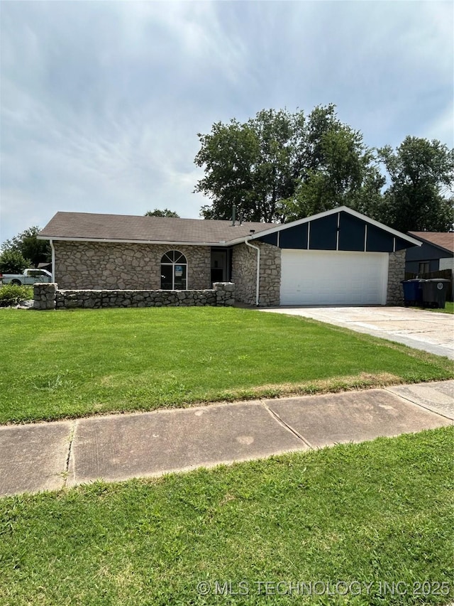 12976 E 32nd St, Tulsa, OK 74134 - view of front of property featuring stone siding, a front yard, and an attached garage