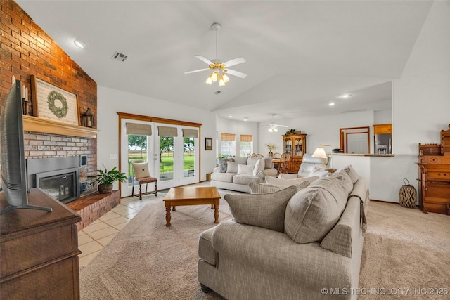 4556 E 330th Rd, Talala, OK 74080 - living area featuring lofted ceiling, ceiling fan, a brick fireplace, recessed lighting, and tile patterned floors