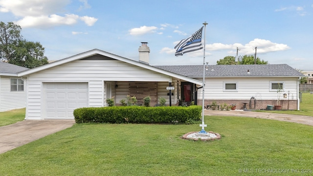 1222 N Cherrington Ave, Claremore, OK 74017 - view of front of property with driveway, a front yard, a chimney, brick siding, and a garage