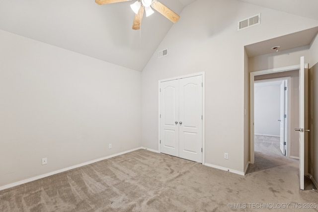 513 S 63rd Pl S, Broken Arrow, OK 74014 - unfurnished bedroom featuring carpet, high vaulted ceiling, a closet, and a ceiling fan