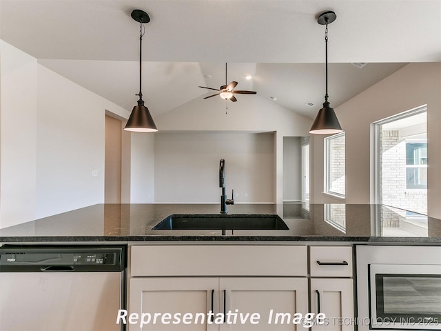 7218 E 132nd St S, Bixby, OK 74008 - kitchen featuring dishwasher, white cabinets, beverage cooler, ceiling fan, and decorative light fixtures