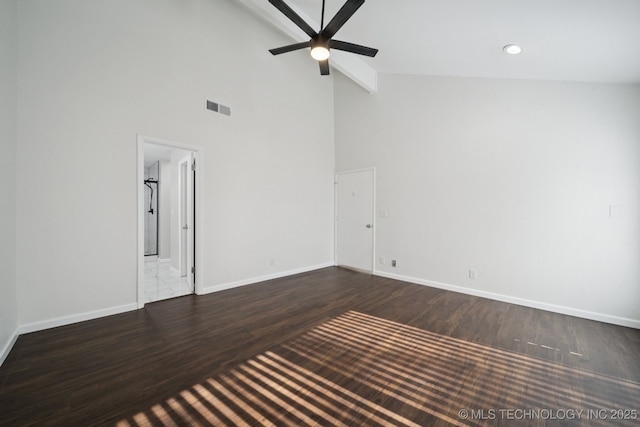 6002 S Atlanta Ct Unit 2, Tulsa, OK 74105 - spare room featuring high vaulted ceiling, a ceiling fan, dark wood-type flooring, and recessed lighting