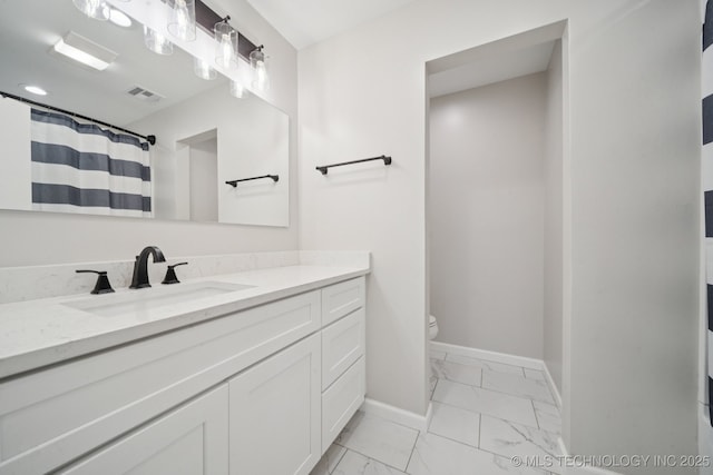 6002 S Atlanta Ct Unit 2, Tulsa, OK 74105 - full bath featuring marble finish floors, vanity, and a shower with curtain