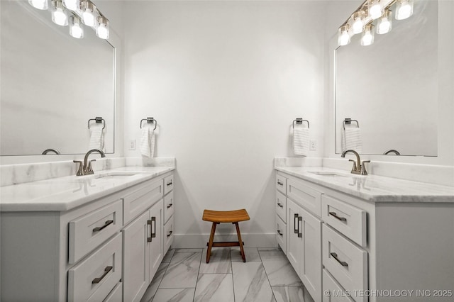 2035 E 138th Pl S, Bixby, OK 74008 - full bathroom with two vanities and marble look tiles