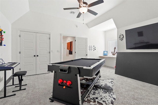 2035 E 138th Pl S, Bixby, OK 74008 - recreation room with carpet floors, a ceiling fan, lofted ceiling, and pool table