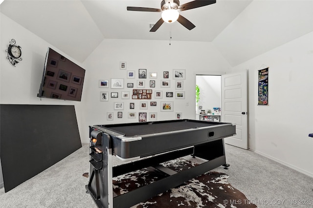 2035 E 138th Pl S, Bixby, OK 74008 - recreation room featuring carpet flooring, a ceiling fan, vaulted ceiling, and billiards