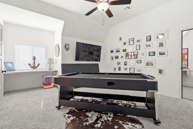 2035 E 138th Pl S, Bixby, OK 74008 - rec room with carpet, pool table, ceiling fan, and lofted ceiling
