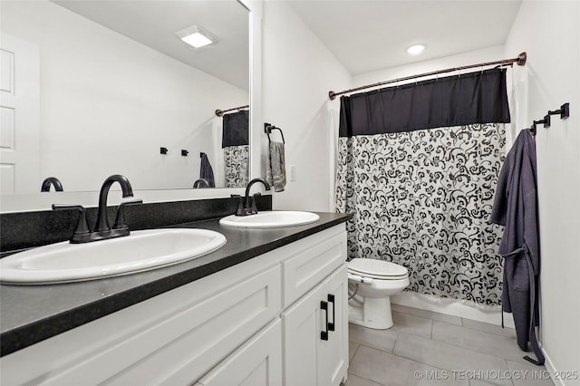 2035 E 138th Pl S, Bixby, OK 74008 - bathroom with tile patterned floors, double vanity, and a shower with shower curtain