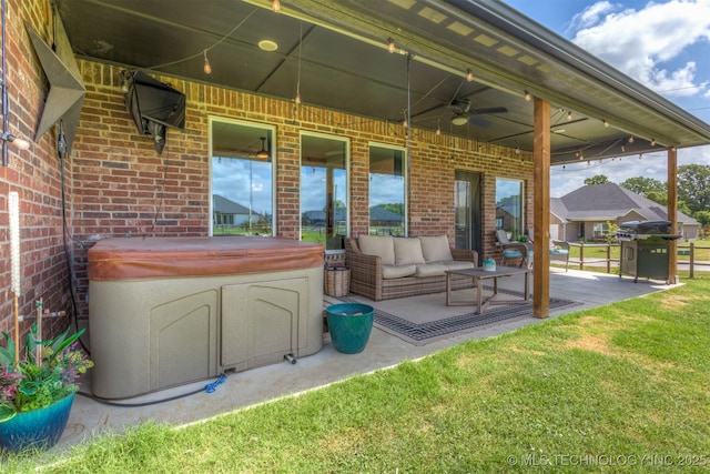 2407 W Union Pl, Collinsville, OK 74021 - view of patio featuring a ceiling fan, a hot tub, outdoor lounge area, and grilling area