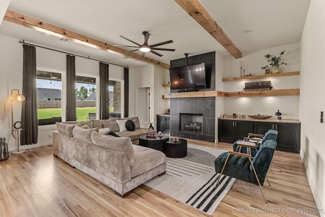 2407 W Union Pl, Collinsville, OK 74021 - living room featuring beamed ceiling, a ceiling fan, light wood finished floors, and a fireplace