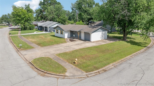 16524 E 2nd St, Tulsa, OK 74108 - ranch-style house featuring a garage, driveway, a front lawn, a shingled roof, and stucco siding