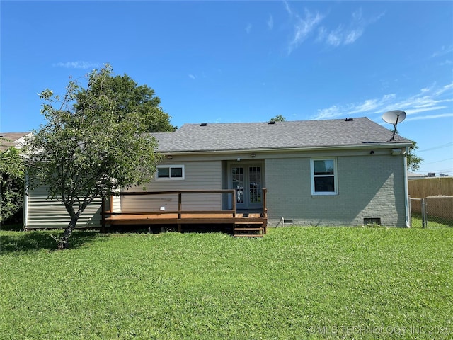 5940 E 3rd St, Tulsa, OK 74112 - rear view of property with french doors, a deck, brick siding, crawl space, and roof with shingles