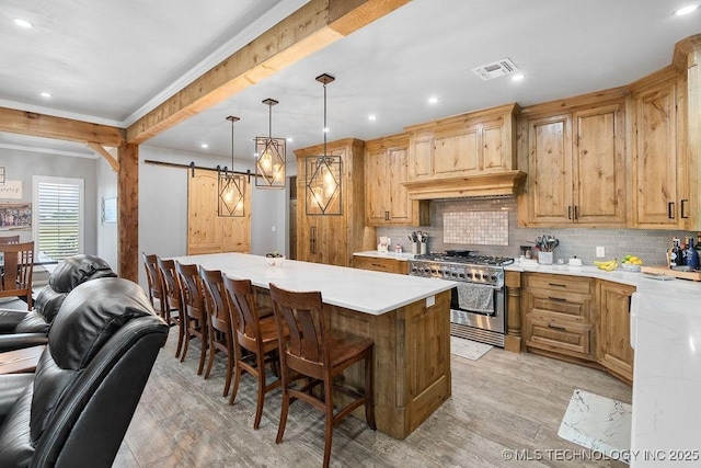2724 Lark Rd, Kingston, OK 73439 - kitchen with high end range, a barn door, light countertops, tasteful backsplash, and recessed lighting