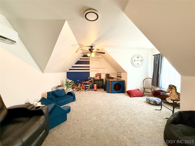 18040 County Road 1558, Ada, OK 74820 - playroom featuring carpet, lofted ceiling, ceiling fan, and a wall mounted AC