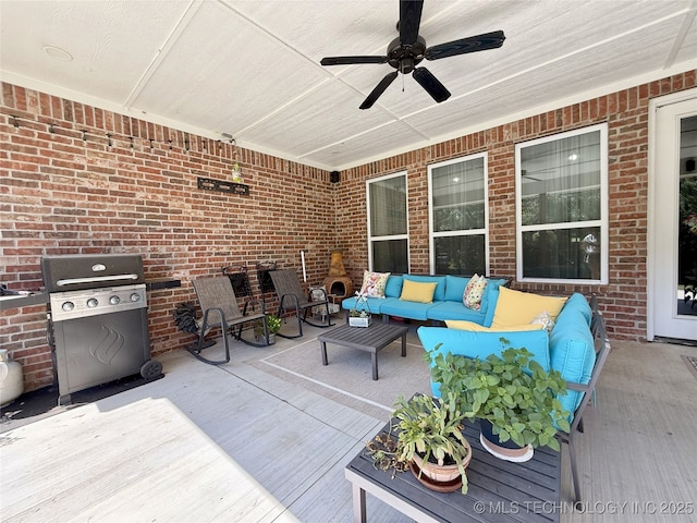 18040 County Road 1558, Ada, OK 74820 - wooden deck featuring an outdoor hangout area, a grill, and ceiling fan