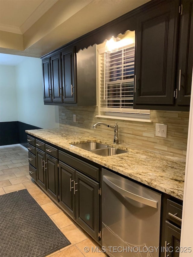 11810 E 83rd St, Owasso, OK 74055 - kitchen with dishwasher, backsplash, ornamental molding, light stone counters, and a raised ceiling