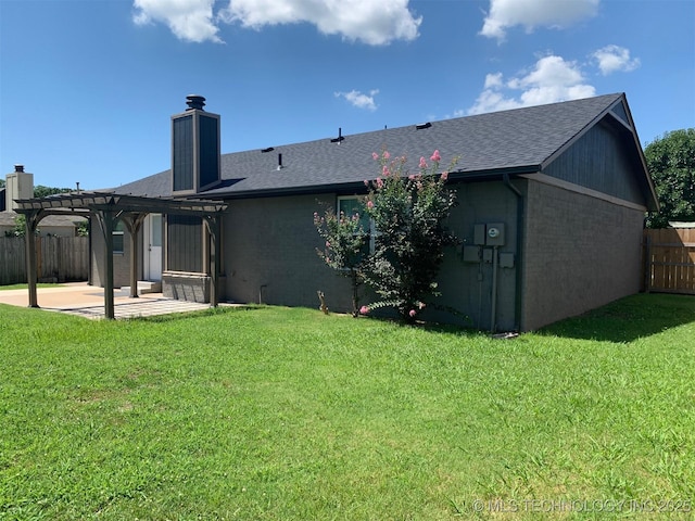 11810 E 83rd St, Owasso, OK 74055 - rear view of house featuring a pergola, a patio, a chimney, brick siding, and roof with shingles