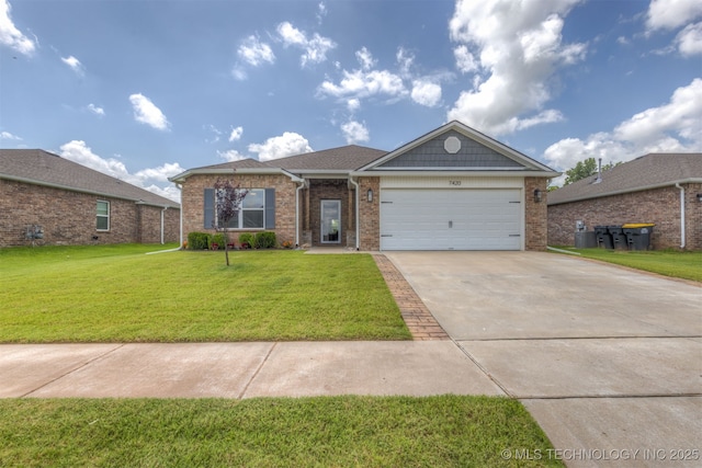 7420 E 160th Pl S, Bixby, OK 74008 - ranch-style house featuring concrete driveway, a front yard, a garage, and brick siding