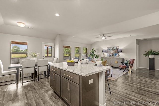7420 E 160th Pl S, Bixby, OK 74008 - kitchen featuring dark wood-style flooring, a breakfast bar, open floor plan, a ceiling fan, and a center island